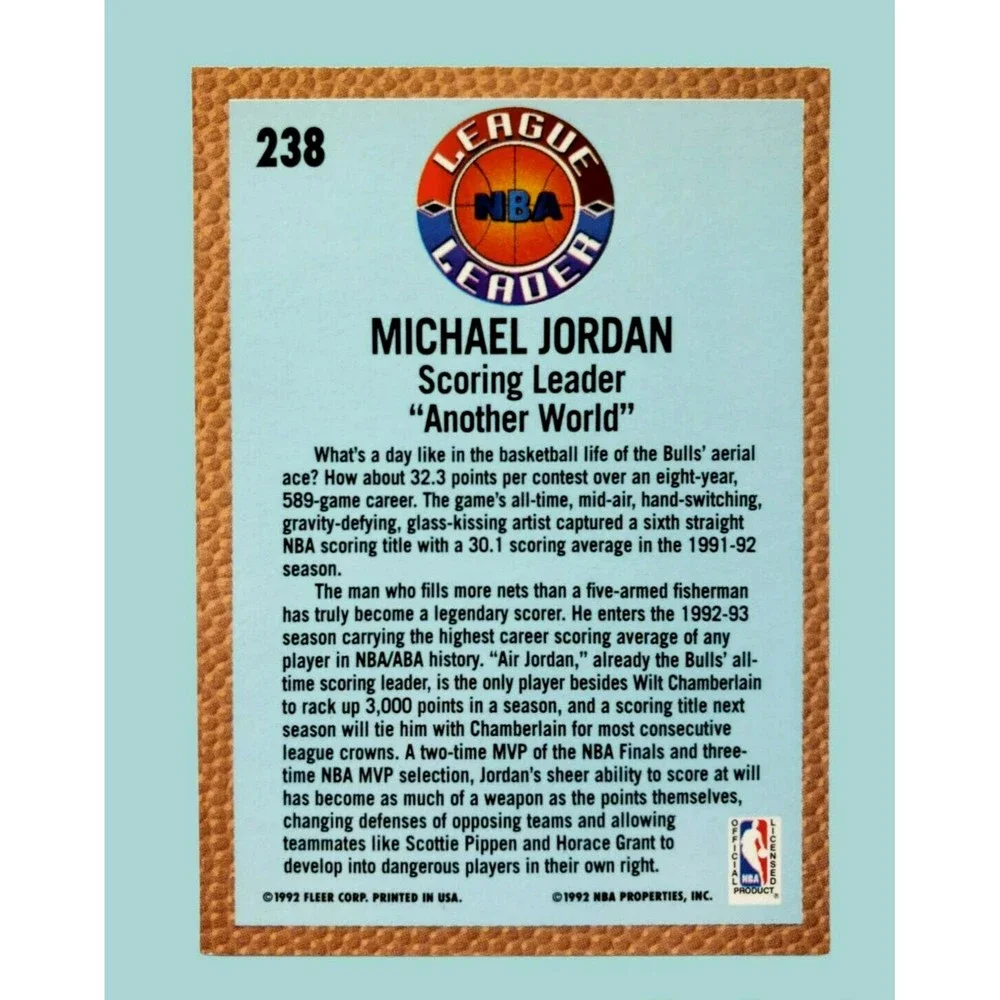 '92-'93 Fleer Michael Jordan #238 Basketball Card NBA League Leader Bulls NM-MT!